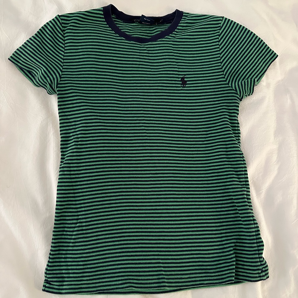 green and navy stripe ralph lauren sport tshirt, size medium